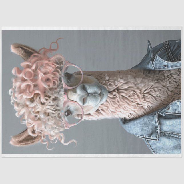 Pink Curly Headed Llama Decoupage Tissue Paper (Front)