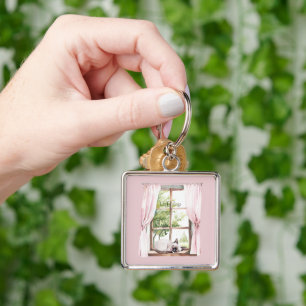 Pink Curtains Cat Nap Window Keychain