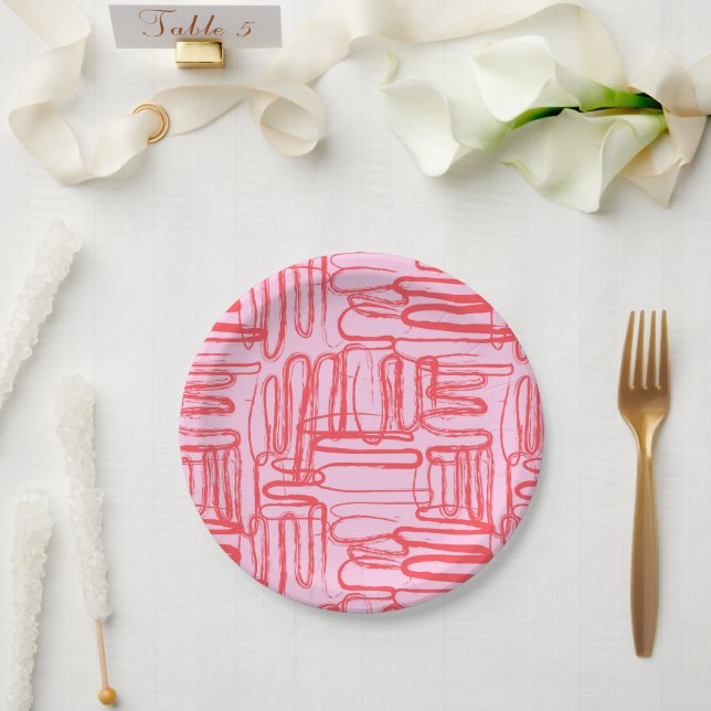 Pink Curve Wavy Squiggle Abstract Modern Paper Plate (Wedding)