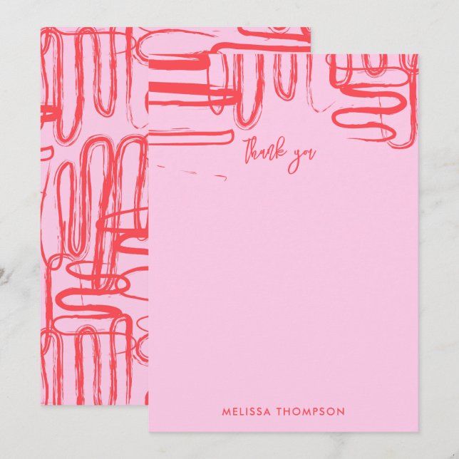 Pink Curve Wavy Squiggle Abstract Modern Thank You Card (Front/Back)