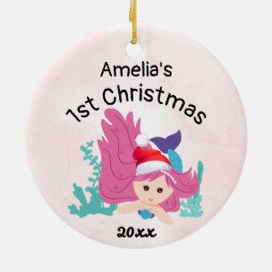 Pink Custom baby first christmas mermaid 2021 Ceramic Ornament