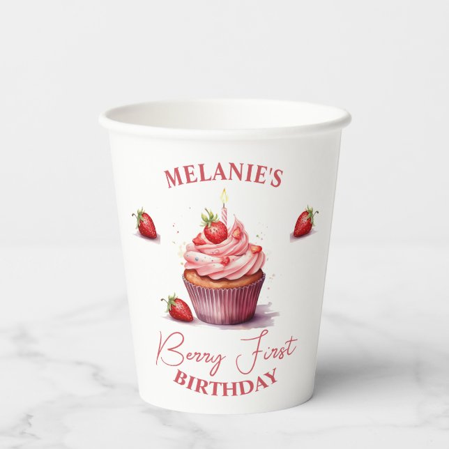 Pink Custom Berry First Birthday Party Paper Cups (Back)