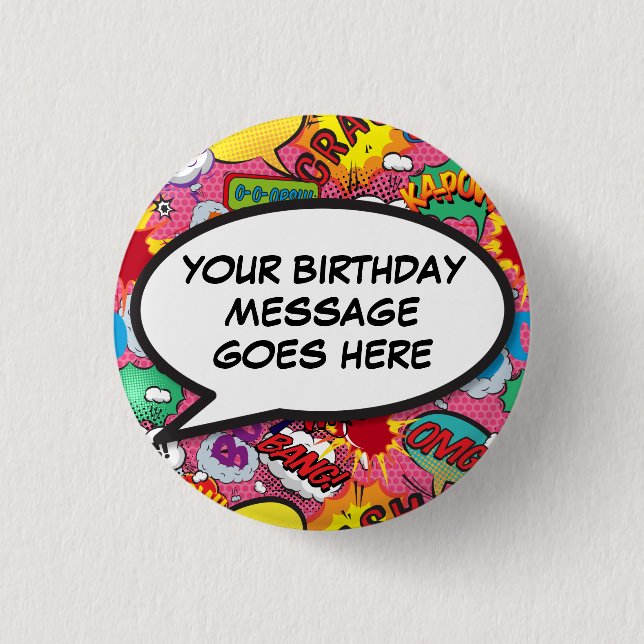 Pink Custom Comic Book Birthday Party Favour 1 Inch Round Button (Front)