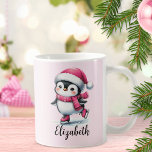 Pink Custom Cute Ice Skating Penguin Christmas Coffee Mug<br><div class="desc">Create a unique personalized Christmas mug with a festive design that features a cute penguin ice skating in pink Santa hat, scarf and figure skates. The girly winter scene adds festive vibes to the holiday season, making this mug perfect for hot chocolate, cocoa, coffee, or tea during Xmas season. Personalize...</div>