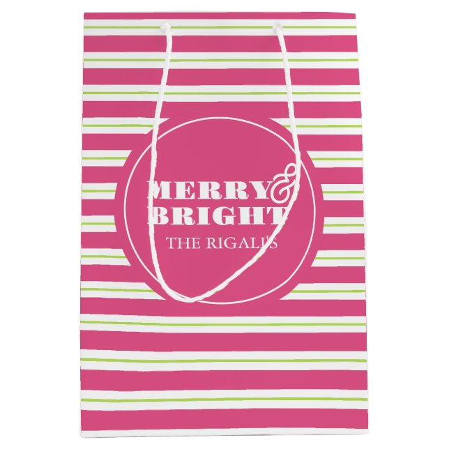 Pink Custom Merry & Bright Christmas Medium Gift Bag (Front)