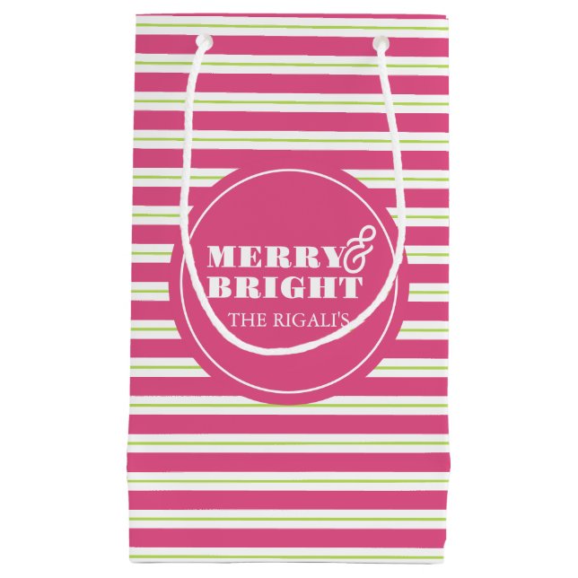 Pink Custom Merry & Bright Christmas Small Gift Bag (Front)