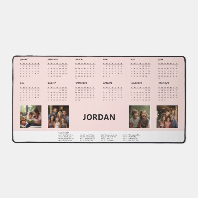 Pink Custom Name Family Collage 2024 Calendar Desk Mat (Front)