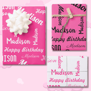 PINK Custom NAME Happy Birthday Girl's Gift 3 Wrapping Paper Sheet