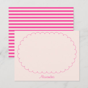 Pink Custom Name Script Stripes & Scalloped Frame Card