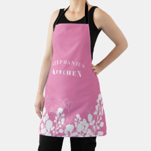 Pink Custom Name White Floral Apron