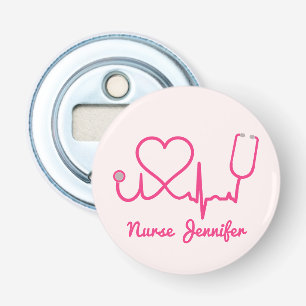 Pink Custom Nurse Name Stethoscope Heart Life Line Bottle Opener