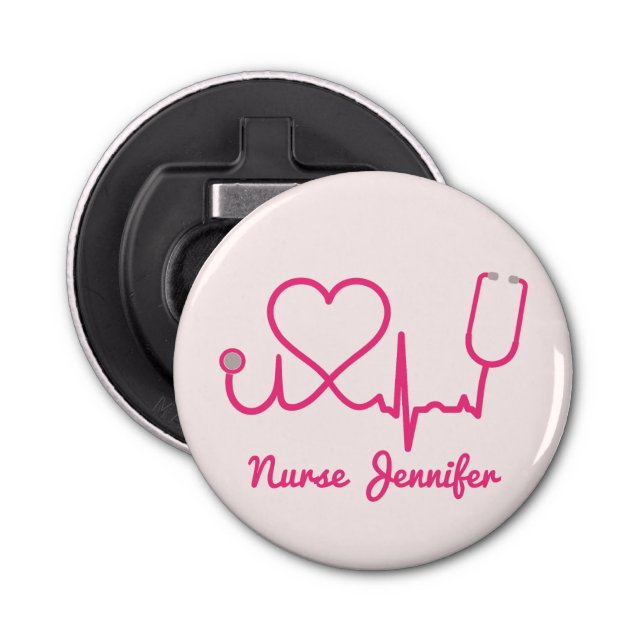 Pink Custom Nurse Name Stethoscope Heart Life Line Bottle Opener (Front)