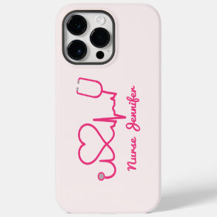 Pink Custom Nurse Name Stethoscope Heart Life Line iPhone 14 Pro Max Case