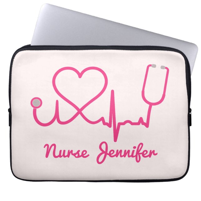 Pink Custom Nurse Name Stethoscope Heart Life Line Laptop Sleeve (Front)