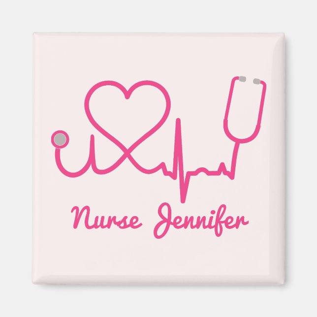 Pink Custom Nurse Name Stethoscope Heart Life Line Magnet (Front)