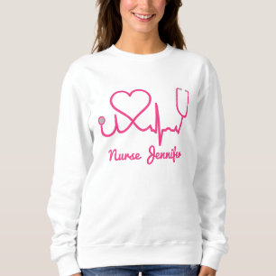Pink Custom Nurse Name Stethoscope Heart Life Line Sweatshirt