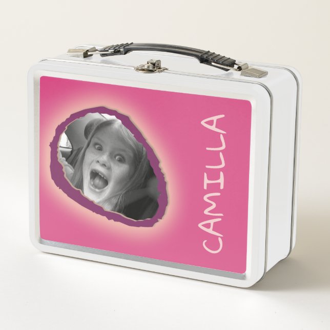 Pink Custom Photo and Name Metal Lunch Box (Front)