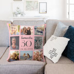 Pink custom photo collage birthday throw pillow<br><div class="desc">A unique gift for a 21st birthday,  celebrating her life with a collage of 8 of your own photos,  pictures.  Personalize and add her name,  age and date. A soft pink background colour,  grey text.   The name is written with a modern hand lettered style script.</div>