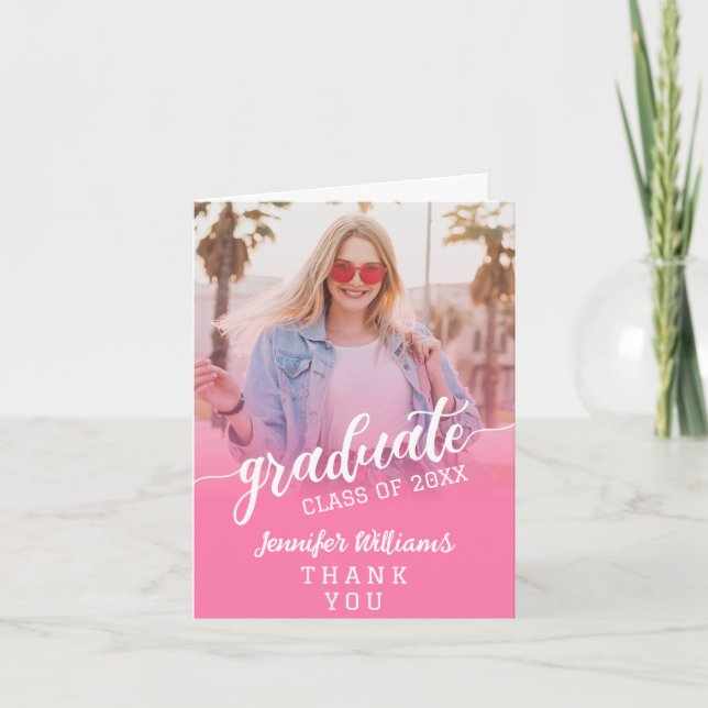 Pink Custom Photo Graduation with Message Thank You Card (Front)
