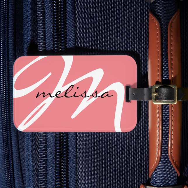 Pink Custom Script Initial Letter M Luggage Tag (Front Insitu 4)