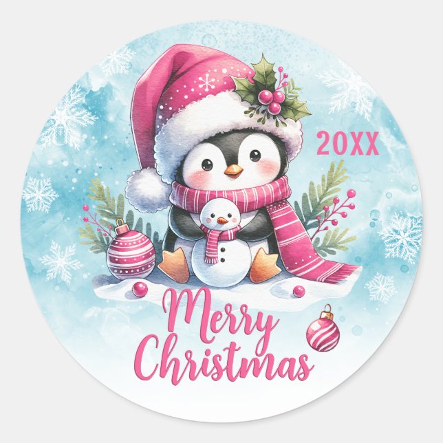 Pink Custom Year Cute Penguin Merry Christmas Classic Round Sticker (Front)