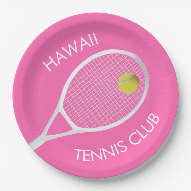 Pink Customizable Tennis Club White Racket  Paper Plate (Front)