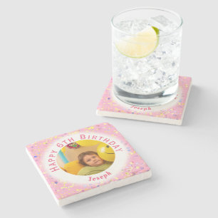 Pink Customizable Watercolor Confetti Birthday Stone Coaster
