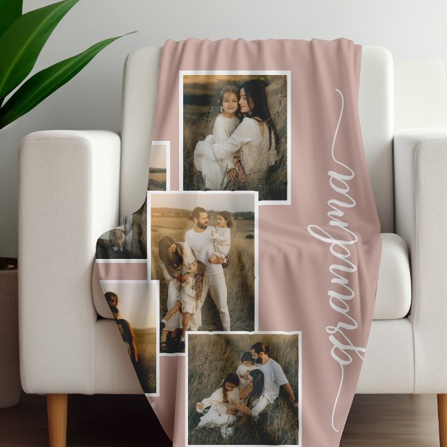 Pink Customized Grandma Grandkid 5 Photo Collage  Fleece Blanket (Creator Uploaded)