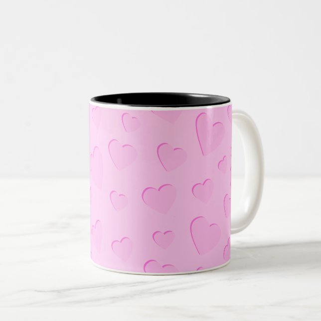 Pink Cut Out Heart Shape Pattern Two-Tone Coffee Mug (Front Right)