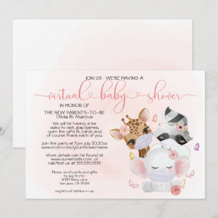 Pink Cute Animals in Masks Virtual Baby Shower Invitation