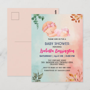 Pink Cute Baby Girl leaf flowers baby shower kids Postcard