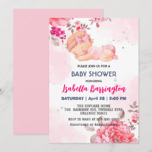 Pink Cute Baby Girl Rose flowers baby shower kid Invitation