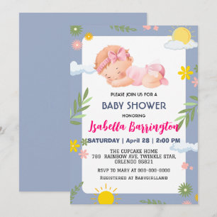 Pink Cute Baby Girl summer flowers baby shower kid Invitation