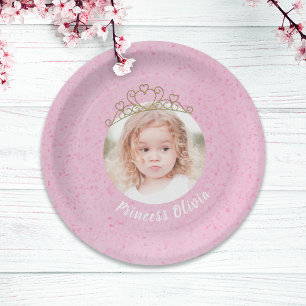 Pink Cute Birthday Photo Princess Tiara Simple Paper Plate