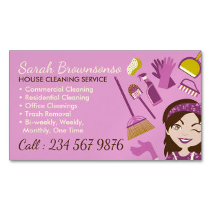 Pink Cute Broom Maid House Cleaning Service Magnetic Business Card