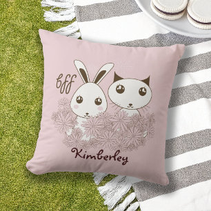 Pink Cute Bunny and Kitten Animal Friends Kids Throw Pillow