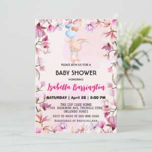 Pink Cute bunny balloon flowers baby shower kids Invitation