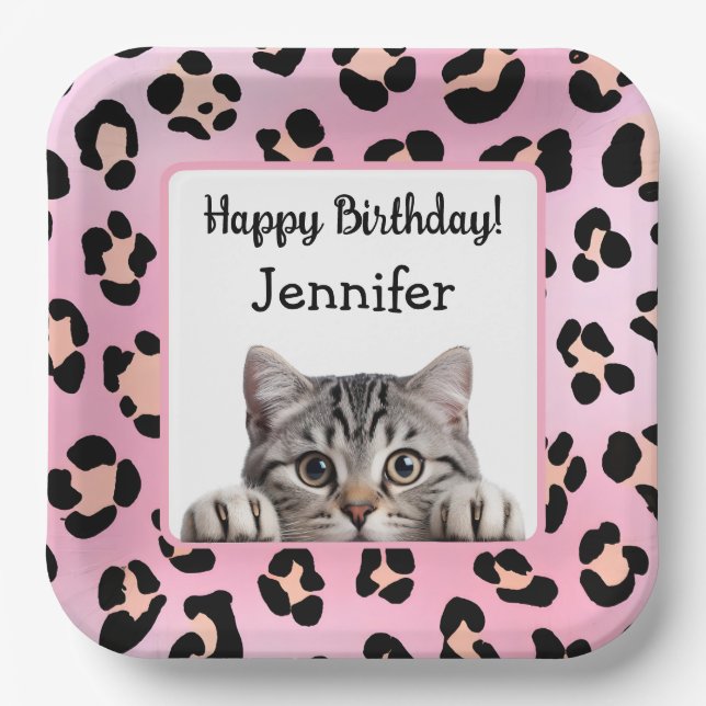 Pink Cute Cat Birthday Paper Plate (Front)