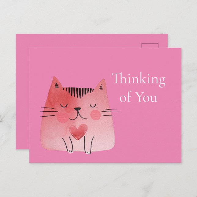Pink Cute Cat Thinking of you Postcard (Front/Back)