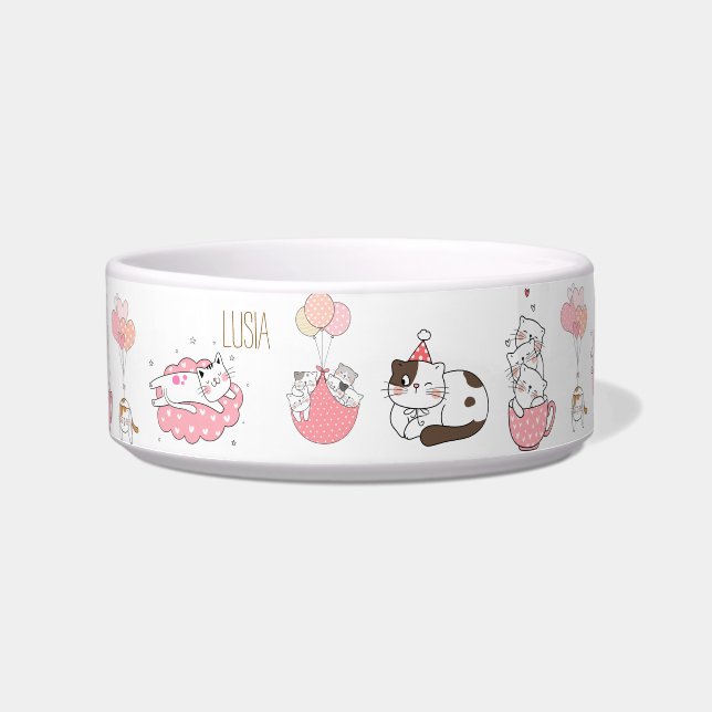 Pink cute cat with name bowl (Front)