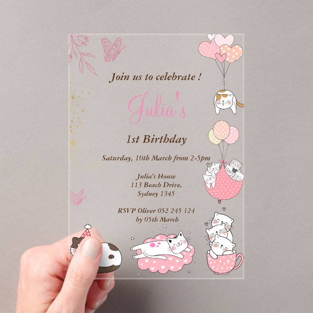 Pink Cute cats 1st birthday  Acrylic Invitations (Insitu (Handheld))
