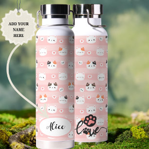 Pink Cute Cats Personalized Name Design Water Bottle
