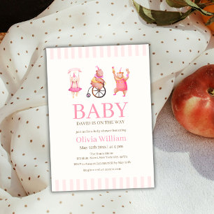 Pink Cute Circus Carnival Teddy Bear  Baby Shower  Invitation
