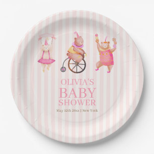 Pink Cute Circus Carnival Teddy Bear Baby Shower  Paper Plate