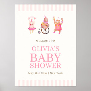 Pink Cute Circus Teddy Bear Baby Shower Welcome Poster