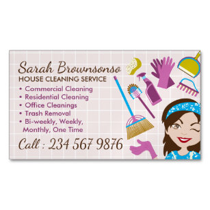 Pink Cute Cleaning Service Janitorial Lady Magnetic Business Card