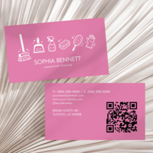 Pink Cute Cleaning Tools Custom QR Code Business Card