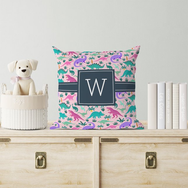 Pink | Cute Colorful Dinosaur Pattern Kid Monogram Throw Pillow (Creator Uploaded)
