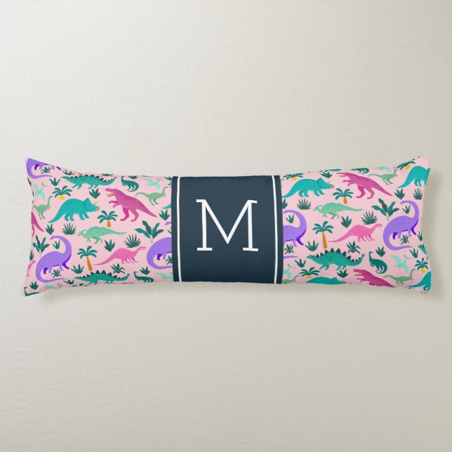 Pink | Cute Colourful Dinosaur Pattern Kid Monogra Body Pillow (Front)