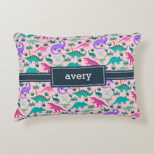 Pink   Cute Colourful Dinosaur Pattern Kids Name Accent Pillow